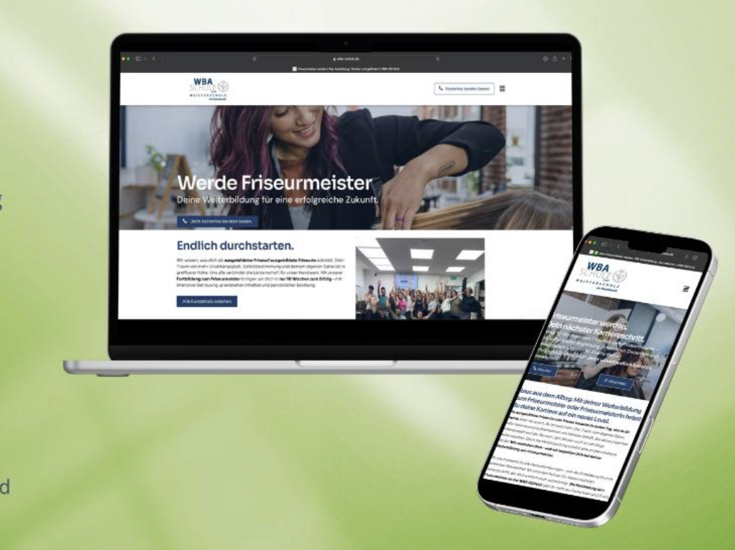 Screenshot Website der WBA SCHULE in einem Laptop und Smartphone-Mockup