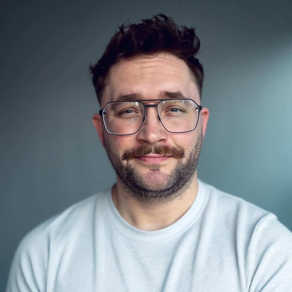 Eine direkte Porträtaufnahme von Christoph Hampe, der mit einem leichten, freundlichen Lächeln in die Kamera blickt. Er trägt eine große Brille, einen Schnurrbart und ein schlichtes helles T-Shirt vor einem ruhigen, blaugrauen Hintergrund.