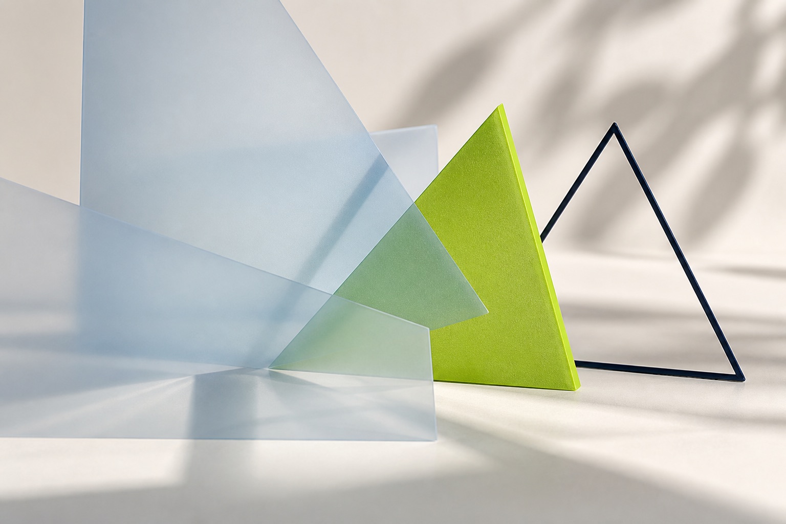 Abstrakte geometrische Formen aus Glas und farbigen Dreiecken, die als Symbolbild für strategischen Markenaufbau und klare Strukturen stehen.